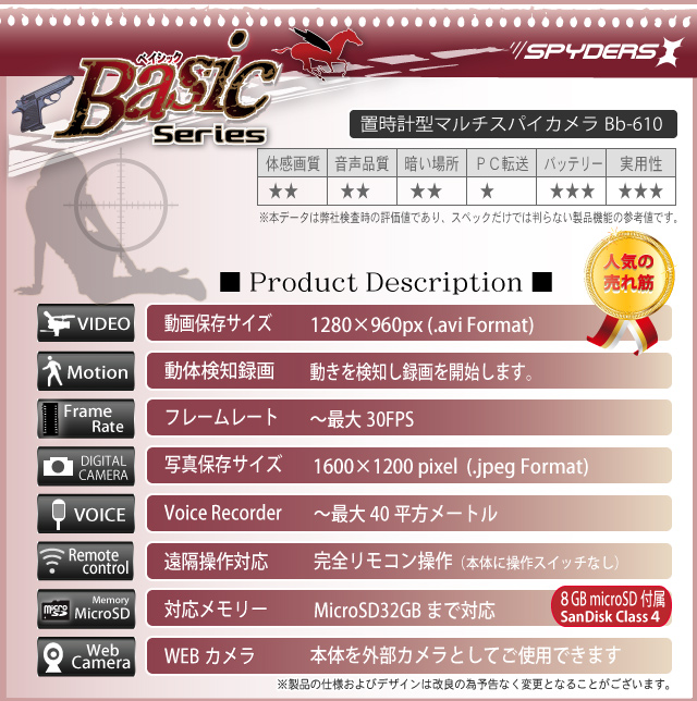 置時計型スパイカメラ スパイダーズX（Basic Bb-610）